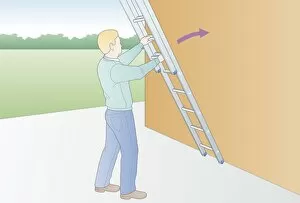 Images Dated 23rd January 2009: Digital illustration of man holding extension ladder against outside wall