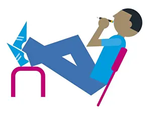 Digital illustration of man holding pencil, leaning back on chair with feet on desk