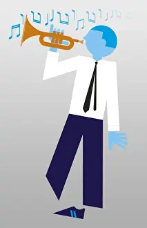 Brass Prints: Digital illustration of man playing brass trumpet with musical notes above head
