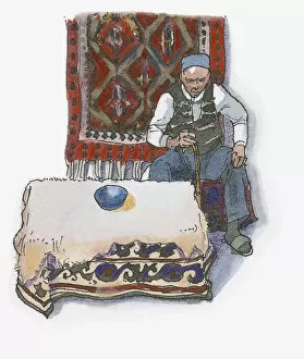 Images Dated 17th April 2009: Digital illustration of man selling Turkish carpets