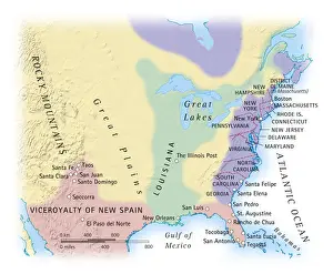15th Century Prints: Digital illustration of map showing 15th century European colonization of the Americas