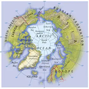 Western Script Prints: Digital illustration of map showing position of Arctic Ocean and surrounding continents