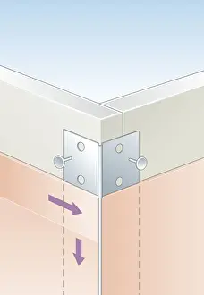 Nail Prints: Digital Illustration of metal corner bead strengthened with filler and nailed to external corner in plasterboard