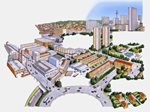 Images Dated 26th June 2009: Digital illustration of modern city showing roads, industrial, business, and residential development