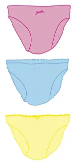 Knickers Prints: Digital illustration of three pairs of colourful pink, blue and yellow knickers