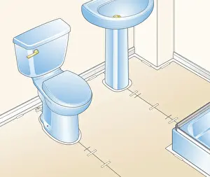 Surrounding Prints: Digital illustration of paper template taped to bathroom floor surrounding toilet and sink
