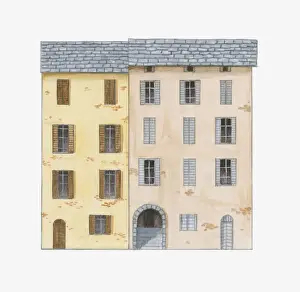 Shutter Prints: Digital illustration of patriarchal houses in Castagniccia region on the island of Corsica built to hold several
