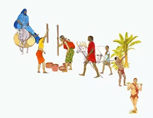 Images Dated 13th July 2009: Digital illustration of the people of Tuareg, Ashanti, Masai, Pygmy and Bushmen tribes of Africa