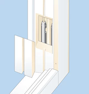 Digital illustration of pocket cover and weights within box frame of sash window
