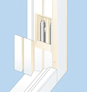 Window Frame Prints: Digital illustration of pocket cover and weights within box frame of sash window
