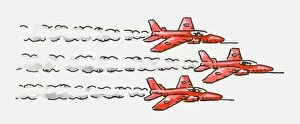 Digital illustration of three red Hawk aeroplanes flying in formation