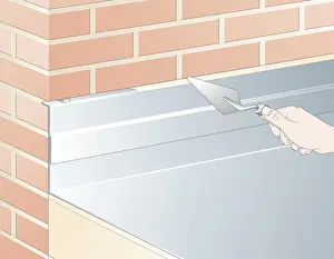 Brick Wall Prints: Digital illustration of repointing mortar joint around metal flashing above extension roof using trowel