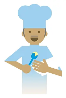 Spoon Prints: Digital illustration representing chef holding mixing bowl and spoon
