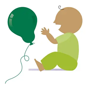 Unknown Gender Prints: Digital illustration representing excited baby playing with green balloon