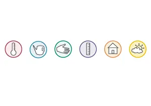 Watering Can Prints: Digital illustration representing houseplant care symbols in colour circles