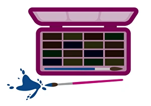Watercolor Paints Gallery: Digital illustration representing watercolour paints in box and spilt blue paint near paintbrush