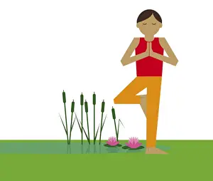 Yoga Prints: Digital illustration representing woman meditating in lotus position standing on one leg next to pon
