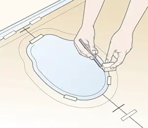 Toilet Prints: Digital illustration of reverse scribing on paper template at base of toilet using pencil and wood block