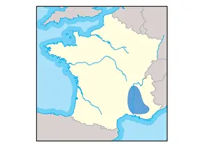 Digital illustration of Rhone Valley wine region in France, shown in blue