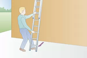 Digital illustration safely positioning ladder against outside wall