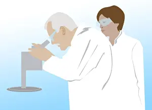 Looking Through An Object Prints: Digital illustration of scientist looking through microscope with woman standing behind