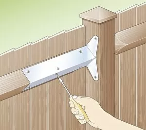 Non Urban Scene Gallery: Digital illustration of screwing galvanized bracket to arris rail on garden fence