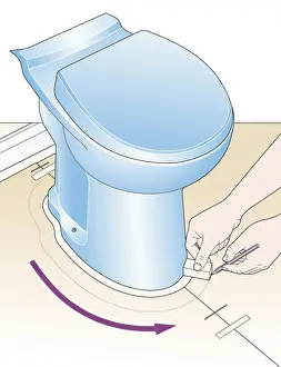 Toilet Prints: Digital illustration of scribing on paper template at base of toilet using pencil and wood block