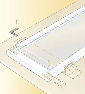 Digital illustration of securing loose joints in casement window with recessed metal angle and glued dowels driven into mortise-and-tenon joints