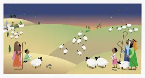 Shepherd Prints: Digital Illustration of shepherds watching their flocks at night