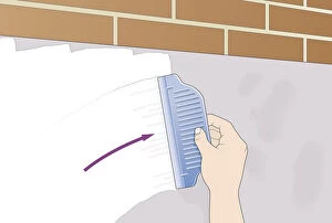 Digital illustration showing how to apply skimming plaster to wall using rubber squeegee