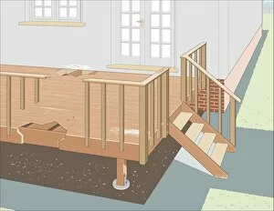 Digital Illustration showing areas of rot in joists, wooden post, and steps of neglected decking