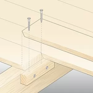 Digital illustration showing batten screwed to joist below timber floorbaords