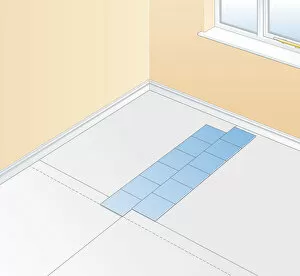 Digital illustration showing cross marked in room and dry-layed floor tiles used as guidance