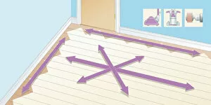 Blue Background Gallery: Digital illustration showing different areas of wooden floor, and insets of sander and attachment