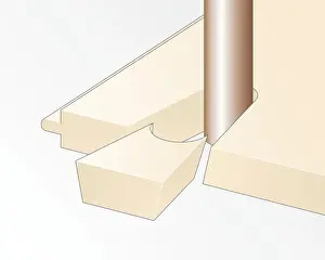 Carpentry Prints: Digital illustration showing dovetail cut from wooden floor to fit around pipe