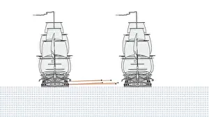 Weaponry Prints: Digital illustration showing flat trajectory of cannonballs fired from fully rigged 18th -19th century battleship