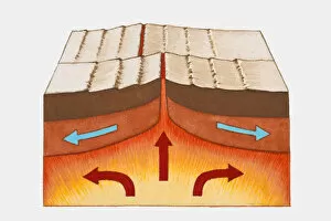 Digital illustration showing formation of oceanic crust with lava beneath Earths surface rising to form rocks