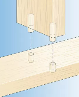Digital Illustration showing how to join two pieces of wood using dowel joints