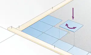 Preparation Prints: Digital Illustration showing how to lay ceramic tile butting close to battens by twisting the tile