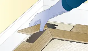 Glove Prints: Digital illustration showing how to lay herringbone pattern floor block around perimeter using adhesive