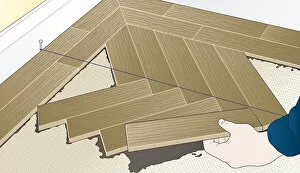 Digital illustration showing how to lay wooden floor blocks in herringbone pattern using string guideline