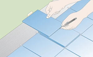 Digital Illustration showing how to mark cutting line along edge of floor tile