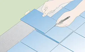 Tiled Floor Prints: Digital Illustration showing how to mark cutting line along edge of floor tile