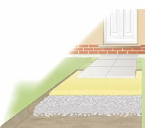 Digital illustration showing paving slabs on sand and hardcore foundation