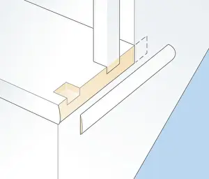 Below Prints: Digital illustration showing prised off planted moulding below balusters