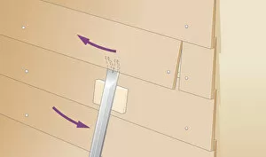 Digital Illustration showing how to remove weatherboard using a crowbar resting on protective offcut
