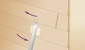 Digital Illustration showing how to remove weatherboard using a crowbar resting on protective offcut