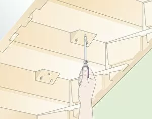 Digital illustration showing how to screw reinforcing blocks to back of tread from underneath stairs