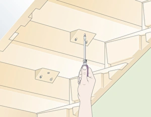 Digital illustration showing how to screw reinforcing blocks to back of tread from underneath stairs Images Dated 26th January 2009: Digital illustration showing how to screw reinforcing blocks to back of tread from underneath stairs