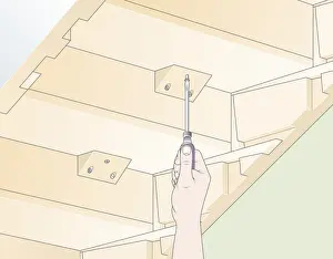 Carpentry Prints: Digital illustration showing how to screw reinforcing blocks to back of tread from underneath stairs